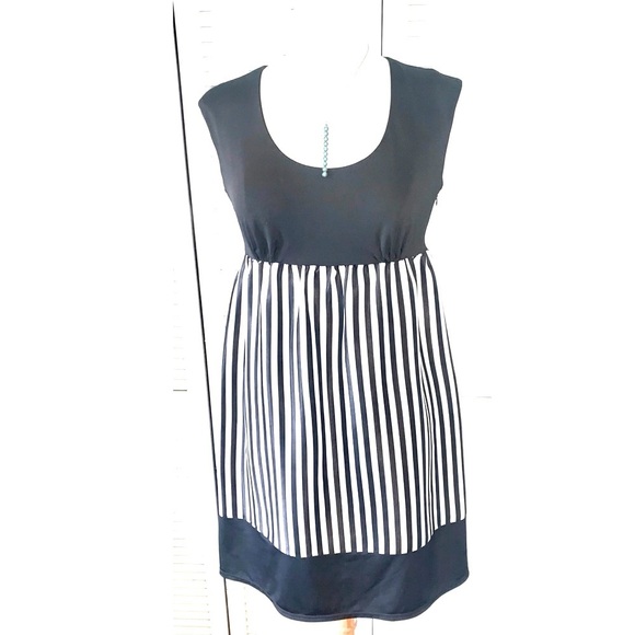 LIZ CLAIBORNE Petite Black White Stripe Print Cap Sleeve A Line Dress 8P - Picture 1 of 8